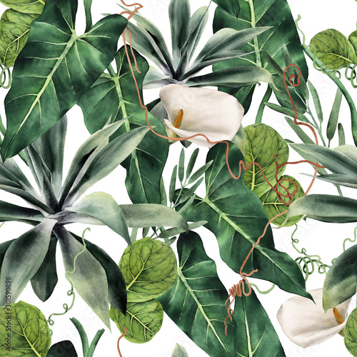 Naklejka dekoracyjna Seamless floral pattern with tropical plants, watercolor.