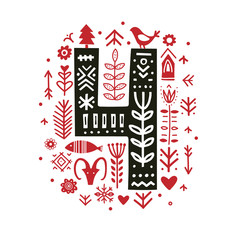 Wall Mural - Creative number four 4 with folk motives - scandinavian. Vector illustration.