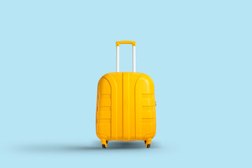 yellow suitcase on a blue background. travel and vacation concept in triples. flat lay, top view