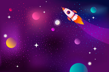 Wall Mural - horizontal space background with with flying rocket and planets. web design. space exploring. vector