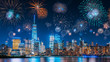 © Atmosphere - New Years Eve with colorful Fireworks over New York City skyline long exposure with beautiful dark blue sky, sci-fi orange city light glow and reflections in the river