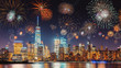 © Atmosphere - New Years Eve with colorful Fireworks over New York City skyline long exposure with dark blue-purple sky, orange city light glow and reflections in the river