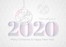 2020 Happy New Year Greeting Card With Numbers 2020 And Christmas Baubles. Elegant Christmas Silver Background With Silver Glitter Balls.  Vector Illustration.