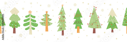 Materiał do szycia Christmas trees hand drawn seamless border vector pattern