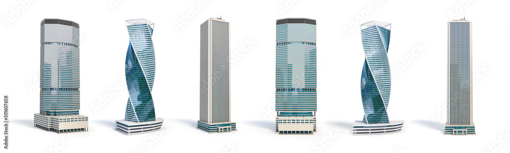 Set of different skyscraper buildings isolated on white. - obrazy, fototapety, plakaty 