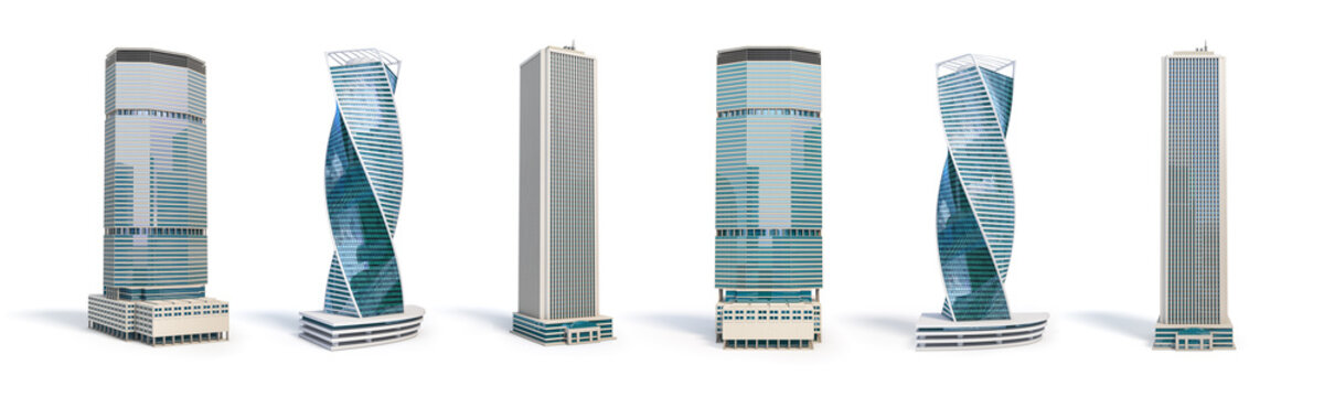 set of different skyscraper buildings isolated on white.