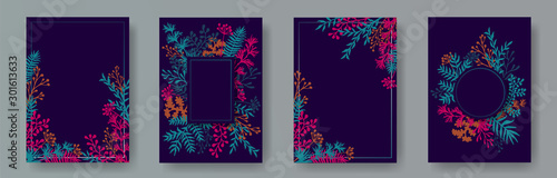 Simple herb twigs, tree branches, flowers floral invitation cards set. Bouque...