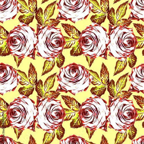Roses with leaves seamless pattern.