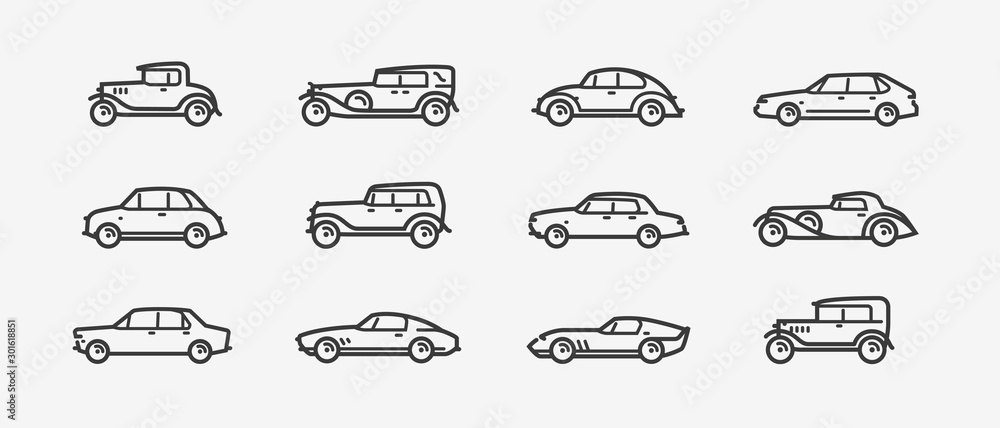Car icon set. Transport, transportation symbol in linear style. Retro vector - obrazy, fototapety, plakaty 