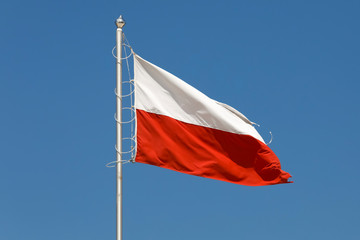 Wall Mural - Flag of Poland is seen against the blue sky