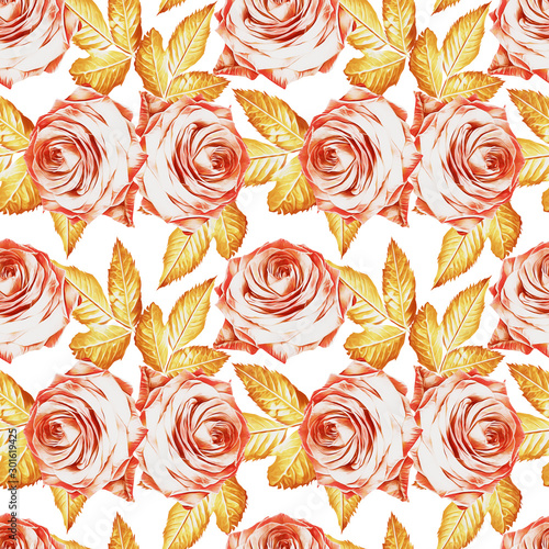 Roses with leaves seamless pattern.