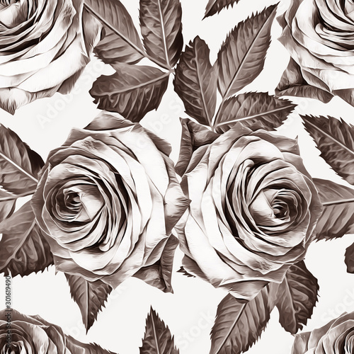 Roses with leaves seamless pattern.