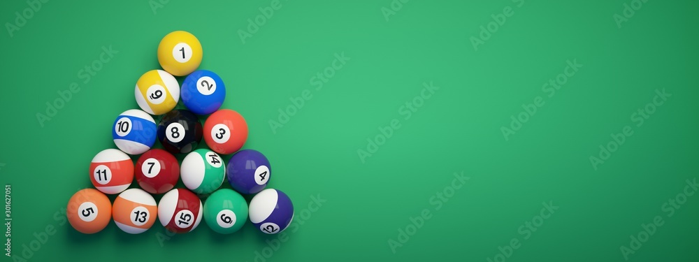 Billiard balls placed in the shape of a triangle. - obrazy, fototapety, plakaty 