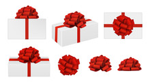 Set Of Vector Realistic Red Bows And Gift Boxes. Top View, Side View, Perspective View. EPS 10