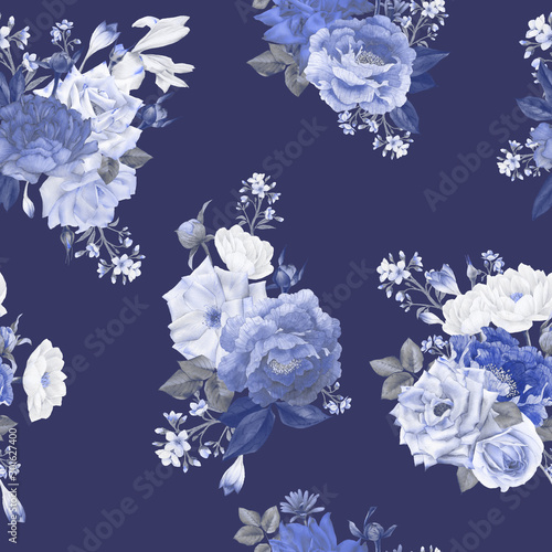 Seamless floral pattern with flowers, watercolor