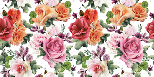 Seamless floral pattern with flowers, watercolor