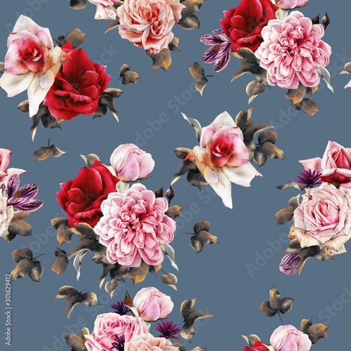 Seamless floral pattern with flowers, watercolor