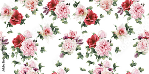 Seamless floral pattern with flowers, watercolor