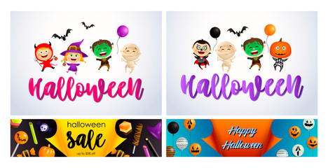  Halloween white, yellow, blue banner set with monsters
