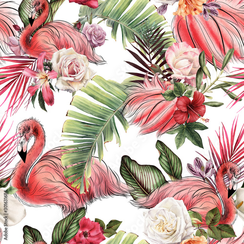 Naklejka ścienna Seamless floral pattern with tropical flowers and flamingo, watercolor.