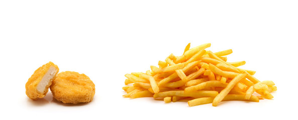 Wall Mural - chicken nuggets and french fries on white background