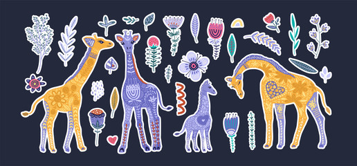 Wall Mural - Huge vector clip art hand drawn beautiful giraffe collection. African safari drawing jungle graphic with floral elements in a flat scandinavian style.