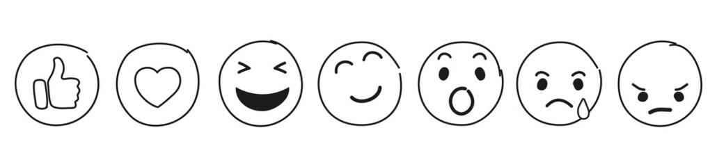 Set of Emoticons. Emoji social network reactions icon. Cartoon hand drawn emoticons - stock vector