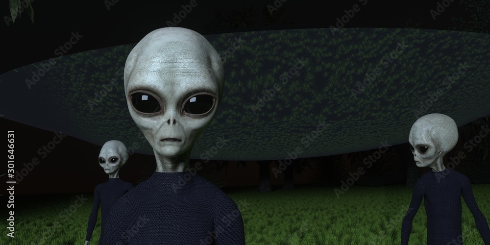 Alien Ufo in Forest with three Grey Aliens extremely detailed and realistic high resolution 3d illustration - obrazy, fototapety, plakaty 