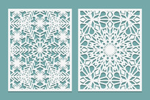 Die And Laser Cut Decorative Panels With Snowflakes Pattern. Laser Cutting Lace Borders. Set Of Wedding Invitation Or Greeting Card Templates.