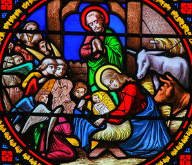 Fototapete - Stained Glass in Notre-Dame-des-flots, Le Havre - Nativity Scene at Christmas