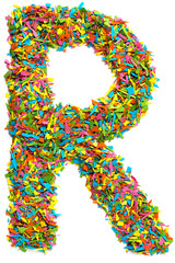 Colourful capital english letter R made of confetti isolated on white background