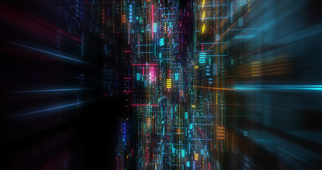 Wall Mural - abstract futuristic technological background, floating circuits, charts, digits elements. nano chip 