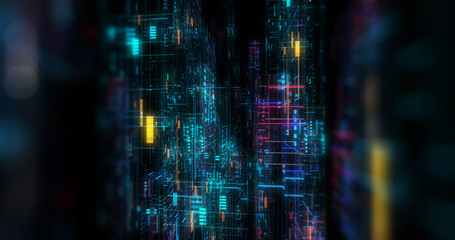 Wall Mural - abstract futuristic technological background, floating circuits, charts, digits elements. nano chip 