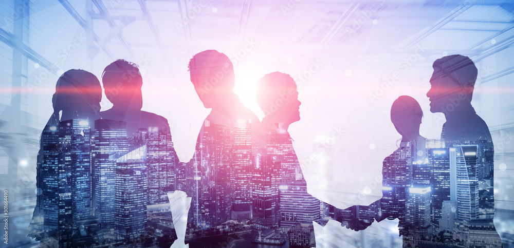 Double exposure image of many business people conference group meeting ...
