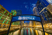 The Landmark Chicago Riverwalk Label Over Cityscape River Side, United States Of America, USA Downtown Skyline, Architecture And Building With Tourist Concept