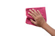 © NIKCOA - Close up woman hand holding pink duster microfiber cleaning cloth isolated on white background with clipping path. Space for your text. Top view.