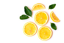 Fresh Sliced Yellow Lemon Lime Fruit With Green Leaf Isolated On White Background. Top View. Flat Lay. Space For Text.