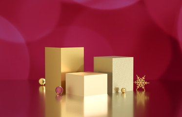 Fototapete - Empty cube box with bokeh background. Luxury cosmetic product display scene. 3d render.