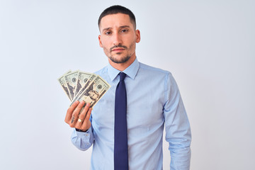 Poster - Young handsome business man holding a bunch of bank notes dollars over isolated background with a confident expression on smart face thinking serious