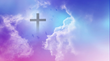 Wall Mural - christian cross appeared bright in the sky with soft fluffy clouds, white, beautiful colors. with th