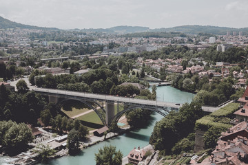 Aerial panorama of historic Bern city center from Bern Minster, Switzerland