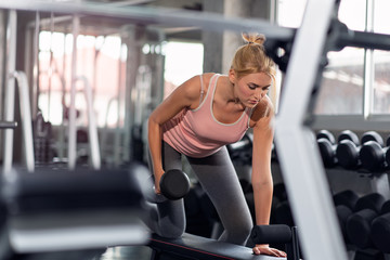 Wall Mural - Strong woman doing exercises with dumbbells in gym