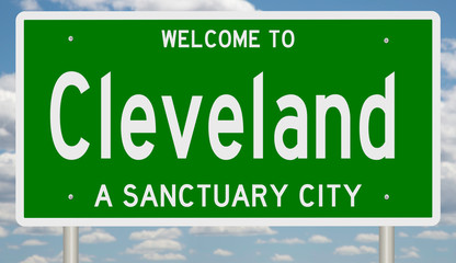 Wall Mural - Rendering of a green 3d highway sign for sanctuary city Cleveland, Ohio