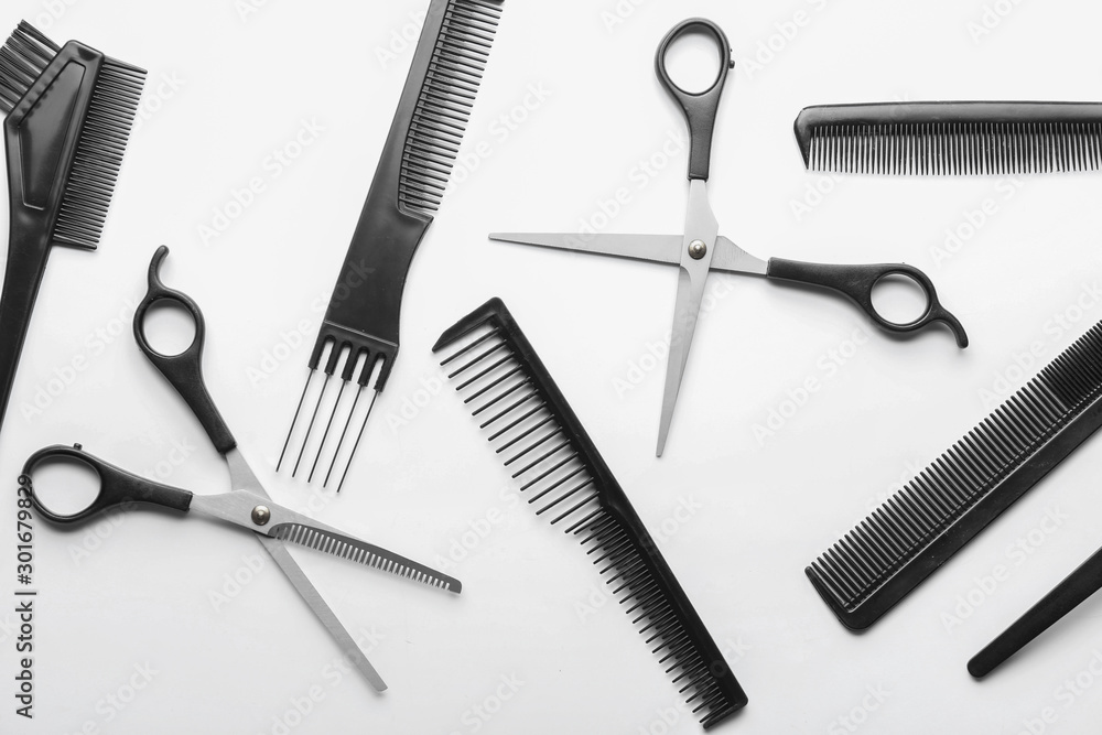 Professional hairdresser's set on white background