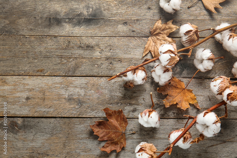 Beautiful cotton branches and autumn leaves on wooden background - obrazy, fototapety, plakaty 