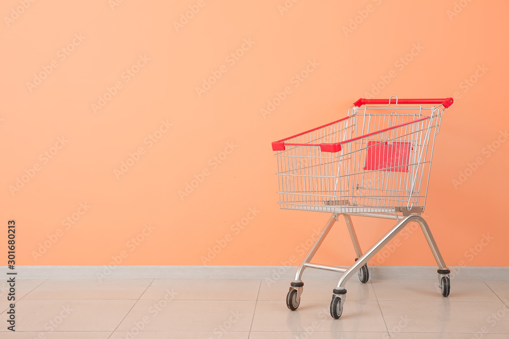Empty shopping cart near color wall - obrazy, fototapety, plakaty 