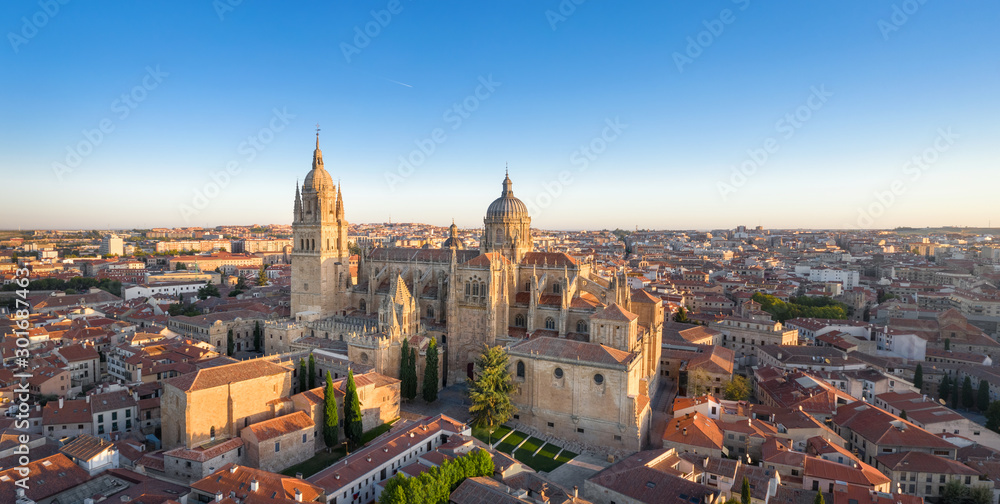 Panoramic aerial cityscape of Salamanca, Spain with building of New Cathedral on sunrise - obrazy, fototapety, plakaty 