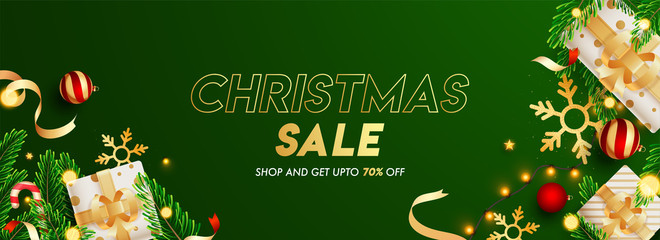 Wall Mural - green header or banner design decorated with gift boxes, baubles, snowflake, pine leaves, lighting g