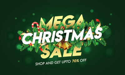 Wall Mural - up to 70% off for mega christmas sale text decorated with jingle bell, pine leaves, baubles and ligh