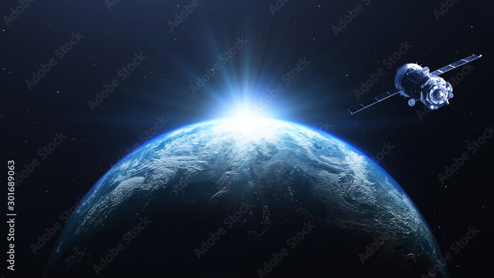 Earth planet sunrise with satellite viewed from space , 3d render of planet Earth, elements of this image provided by NASA - obrazy, fototapety, plakaty 